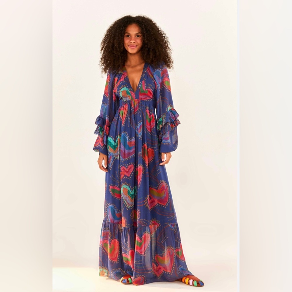 FARM Rio Blue Maxi Dress with Colorful Heart Patterns